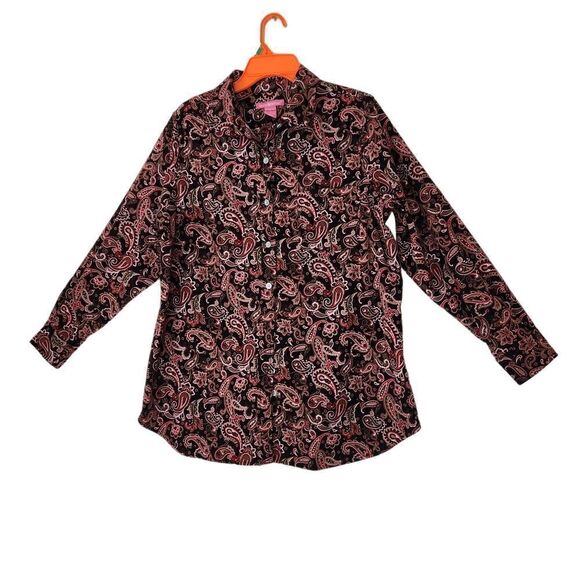 Woman Within Button Up Shirt Medium Brown Paisley Long Sleeve Soft - Picture 1 of 11